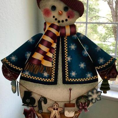 Hand Painted Tole Style Snowman With Christmas Decorations By Sylviane Giacoletto