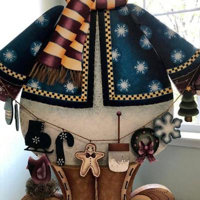 Hand Painted Tole Style Snowman With Christmas Decorations By Sylviane Giacoletto