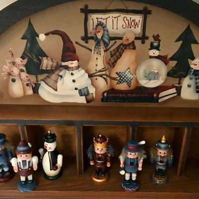Hand Painted Tole Style Christmas Display Shelf With Figures By Sylviane Giacoletto