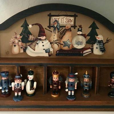 Hand Painted Tole Style Christmas Display Shelf With Figures By Sylviane Giacoletto