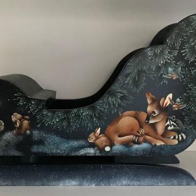 Hand Painted Tole Style Sleigh With Animals By Sylviane Giacoletto