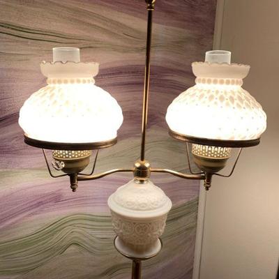 #142   VINTAGE FLOOR LAMP REPRODUCTION OIL HURRICANE LAMPS MILK GLASS SHADES
