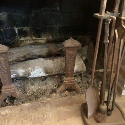 #157    ANTIQUE HEAVY ANDIRONS & WROGHT IRON FIREPLACE TOOLS SET 