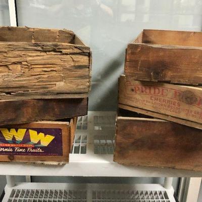 2nd lot of very old rustic wood boxes and crates fruit advertising label on one
