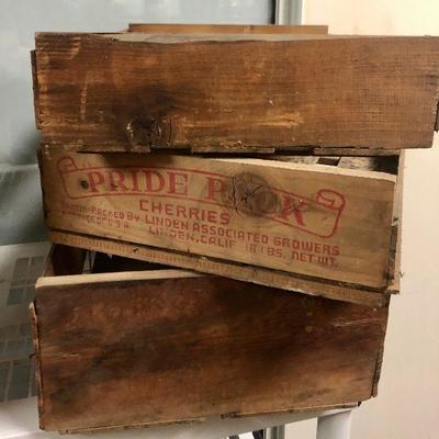 2nd lot of very old rustic wood boxes and crates fruit advertising label on one
