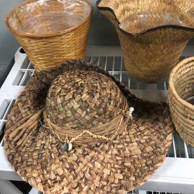 Vintage baskets and straw hat lot