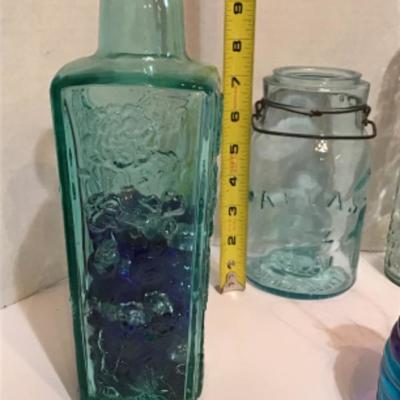 165: Lot of Vintage Teal and Clear Glass Bottles and Insulators 