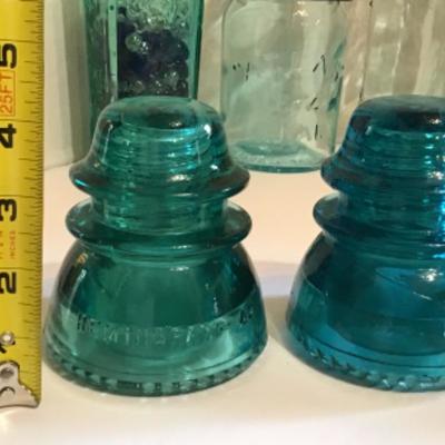 165: Lot of Vintage Teal and Clear Glass Bottles and Insulators 