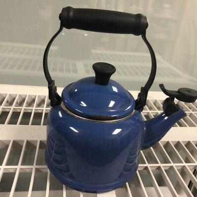 LeCreuset tea pot, blue enamel, used condition
