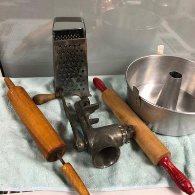 VIntage Kitchen LOT - angel food cake pan, 2 old rolling pins, cheese grater, meat grinder