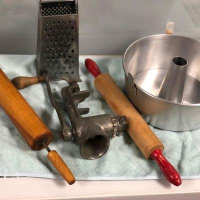 VIntage Kitchen LOT - angel food cake pan, 2 old rolling pins, cheese grater, meat grinder
