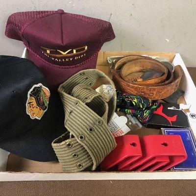 #172 Tray of misc.: hats, belts, cards 