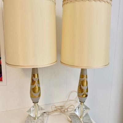 #204   PAIR 60s GOLD & GRAY SWAG LUCITE MARBLE TABLE LAMPS W/ORIGINAL SHADES