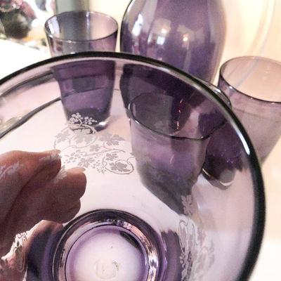 L4: Lavender Glass Serving Set Etched Grapes