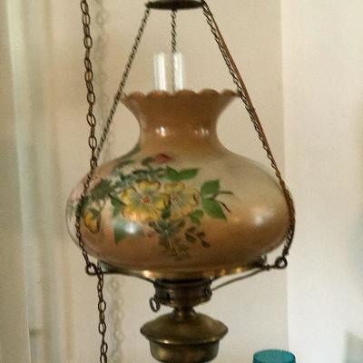 L19: Electric Hanging Handpainted Converted Oil Parlor Light