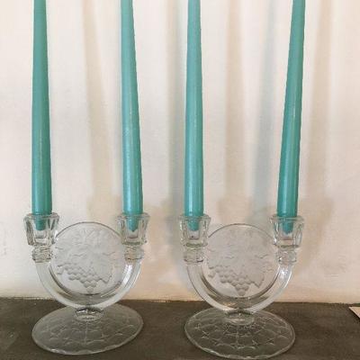 L64: Vintage Pair of Glass Candle Sticks Grape Design