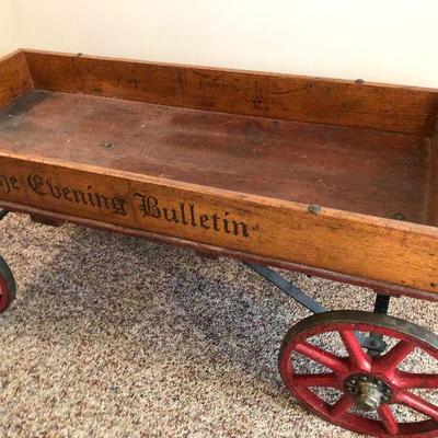 L73: Rare Antique Philadelphia Evening Bulletin Newspaper Wooden Delivery Pull Wagon