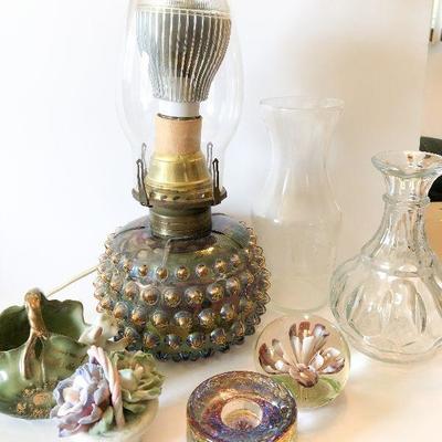 L89: Iridescent Hobnail Electric Oil Lamp, Paperweight, and More