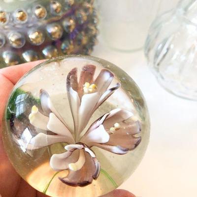 L89: Iridescent Hobnail Electric Oil Lamp, Paperweight, and More