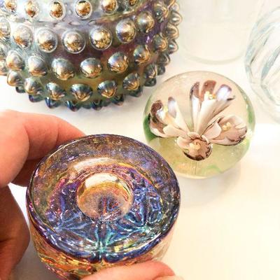 L89: Iridescent Hobnail Electric Oil Lamp, Paperweight, and More