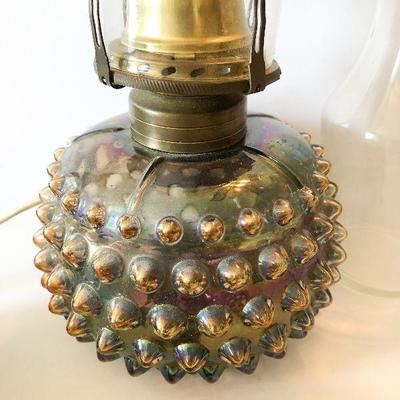 L89: Iridescent Hobnail Electric Oil Lamp, Paperweight, and More