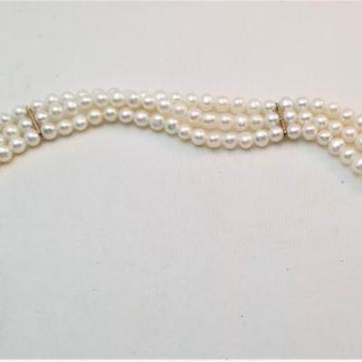 Lot #141  Cultured Pearl 3-Strand Bracelet - 14kt gold clasp
