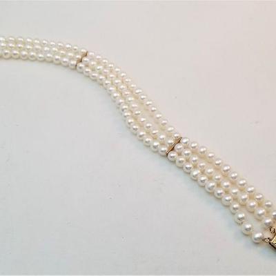 Lot #141  Cultured Pearl 3-Strand Bracelet - 14kt gold clasp