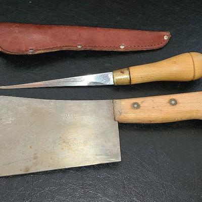 K52: Fama Italy Maniago Butcher Cleaver & Carvel Hall Filet Knife/Sheath
