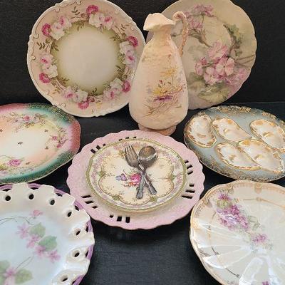 K56: Handprinted Antique Floral Plates and Vase.
