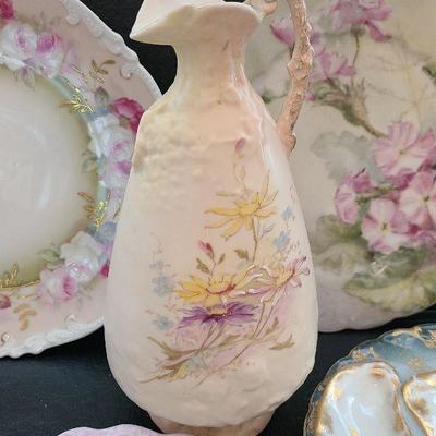 K56: Handprinted Antique Floral Plates and Vase.