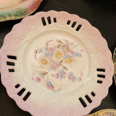 K56: Handprinted Antique Floral Plates and Vase.