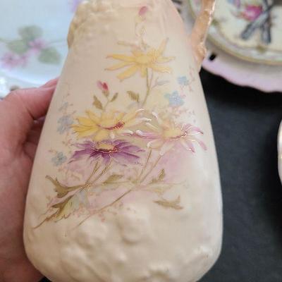 K56: Handprinted Antique Floral Plates and Vase.