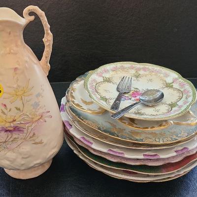 K56: Handprinted Antique Floral Plates and Vase.
