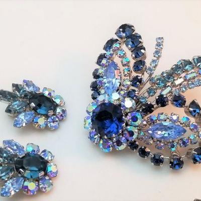 Lot #159  Vintage Blue Rhinestone Brooch/Earring Set with extra earrings