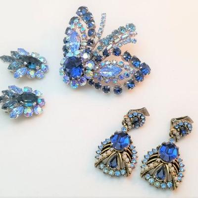Lot #159  Vintage Blue Rhinestone Brooch/Earring Set with extra earrings