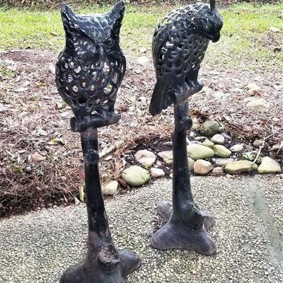 Lot #163  Pair of Cast Iron Candle Holders - Owl and Parrot