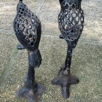 Lot #163  Pair of Cast Iron Candle Holders - Owl and Parrot