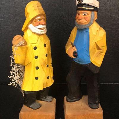 F20: Wood Carved Nautical Characters Fisherman and Captain