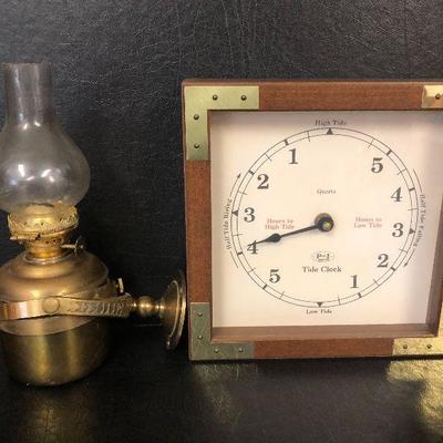 F34: Brass Wall Mount Oil Lamp and Tide Clock