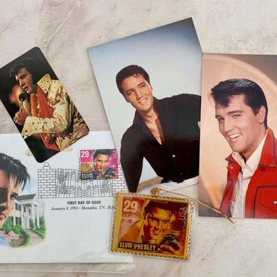 #243  GROUP OF ELVIS PRESLEY ITEMS PLATE STAMPS PICTURE CARDS ORNAMENT