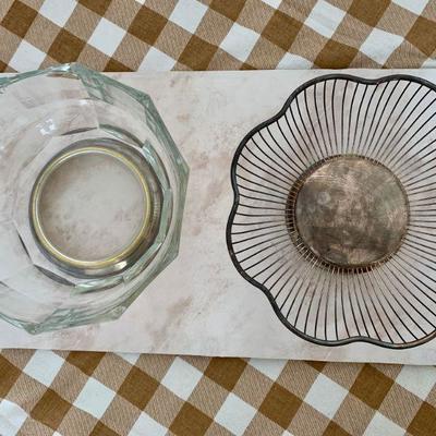 #250    MCM VINTAGE SILVER PLATE WIRE BASKET & FOOTED GLASS BOWL SILVER PLATE BASE