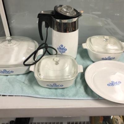 VINTAGE CORNING WARE CORNFLOWER BLUE PATTERN DISHES AND COFFEE POT