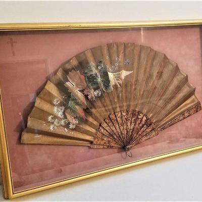 Lot #173  Beautiful Antique Fan (Fernware sticks) in Display Case