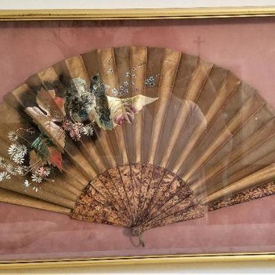 Lot #173  Beautiful Antique Fan (Fernware sticks) in Display Case