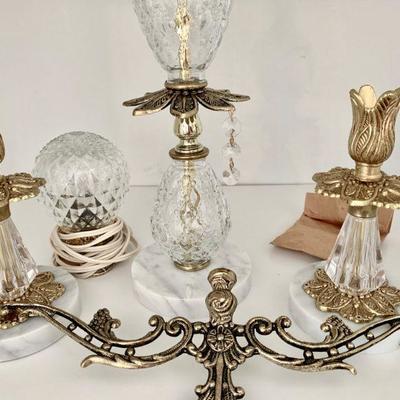 #291    VINTAGE CRYSTAL & BRASS SCALE & CANDLE HOLDERS + CRYSTAL NIGHT LIGHT