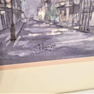 Lot #207  Nice Original Watercolor - French Quarter Street Scene - signed "J. Phillips"