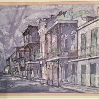 Lot #207  Nice Original Watercolor - French Quarter Street Scene - signed "J. Phillips"