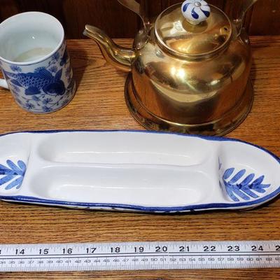 4-49: Brass Kettle with Blue and White Handle, Mug & Dish