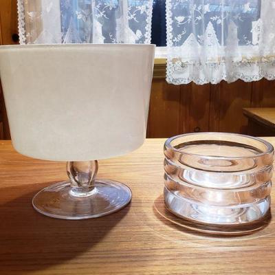2-80: White Glass Pedestal Bowl and Ribbed Crystal Bowl