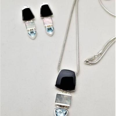 Lot #224  Sterling Silver Necklace and Earring Lot - Onyx, Abalone, and Topaz accents